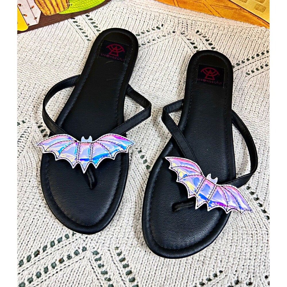 Strange Cvlt Betty Bat Black Holographic Iridescent Thong Sandals Flip Flops 9